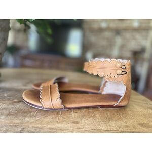 Fly London Leather Strappy Flat Sandals Tan Brown Ankle Zip Women’s 6.5